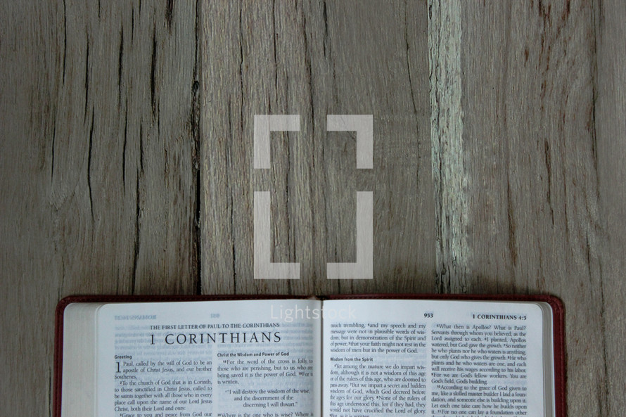 A Bible opened to 1 Corinthians 