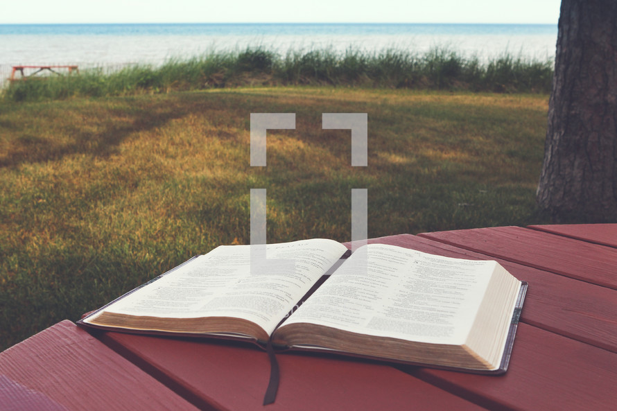 open Bible on a picnic table outdoors 
