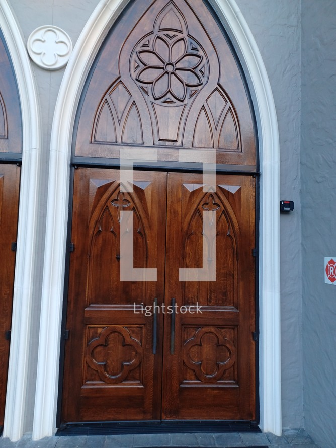 Exterior of wooden church doors