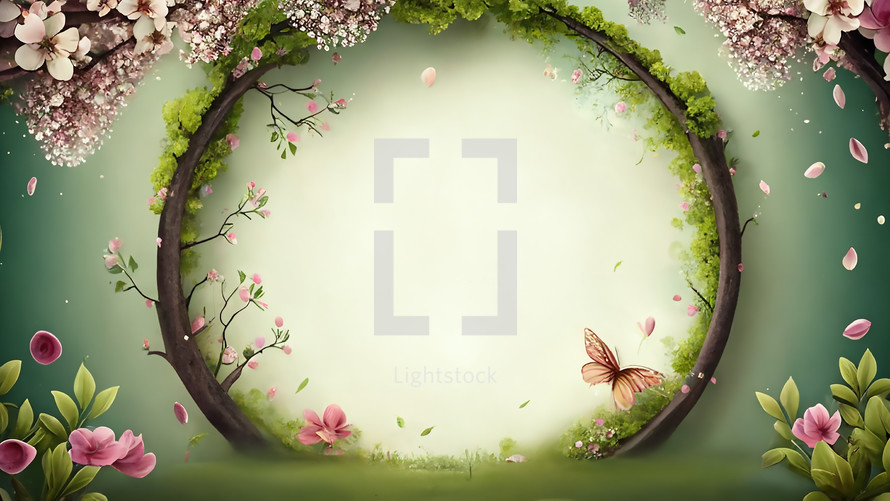 Spring background with butterflies and cherry blossoms