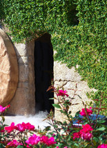 The Empty stone tomb of Jesus where the stone is rolled away and the tomb is empty showing that Jesus is not there but risen from the dead, just as He said He would. The beauty of the Christian faith is that we sever a risen God who overcame death, overcame hell and  proved He was He who said He was, the son of God. It is in this that we can celebrate Easter and share the good news of Jesus Christ. 