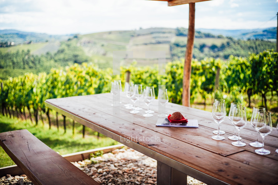 wine glasses and view of a vineyard 
