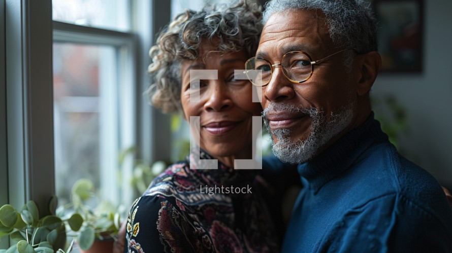 modern African-American elderly standing together at the window in the kitchen. 