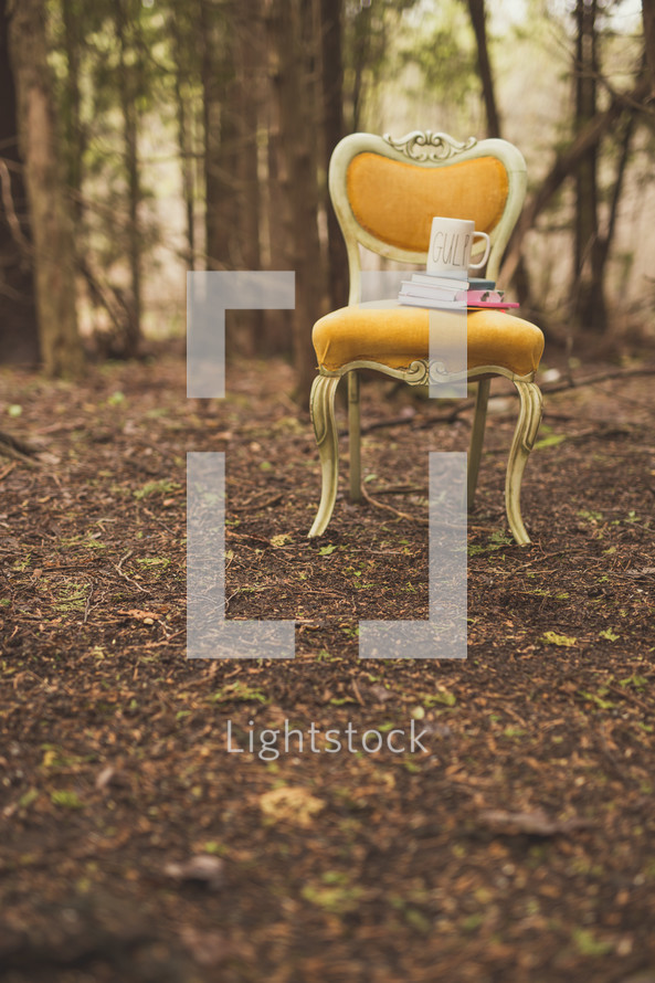 books, mug, and yellow chair in a forest 