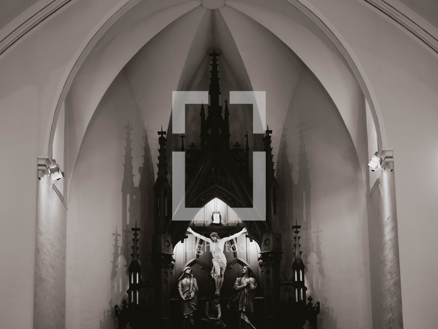 the inside of an old catholic church building