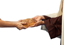 Jesus gives the bread to a beggar on white background