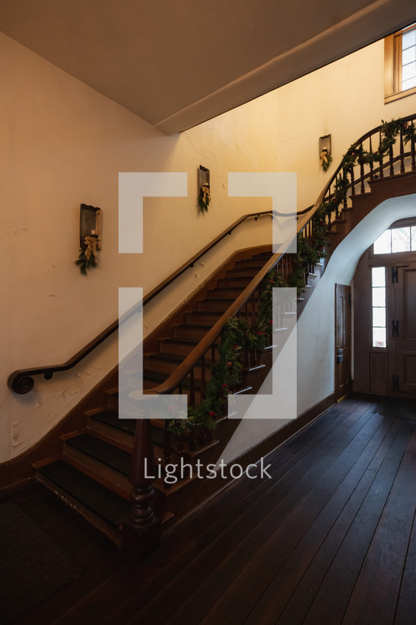 Historic building preserved - staircase ready for Christmas
