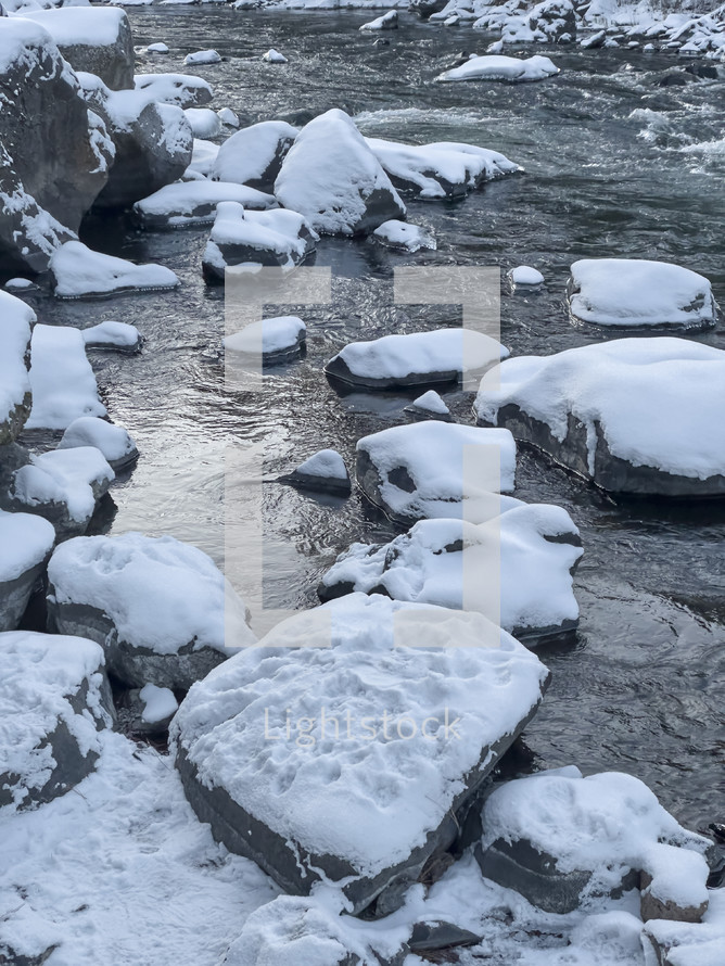 Snow covered rocks in a running creek