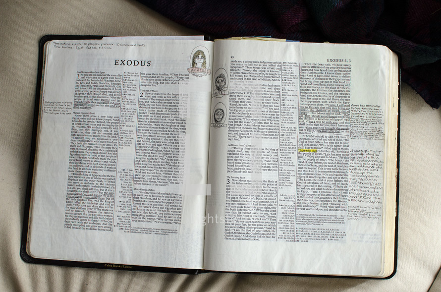 handwritten notes on pages of a Bible opened to Exodus