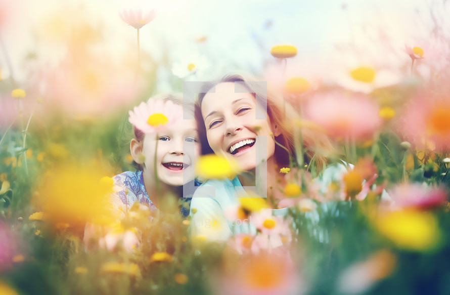 Mother and Child in Field of Flowers