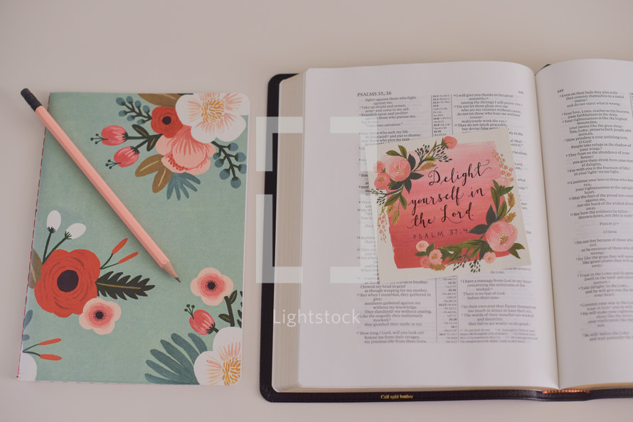 Delight yourself in the lord, open Bible, journal, pencil 