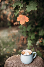creamer and coffee in a coffee cup outdoors in fall 