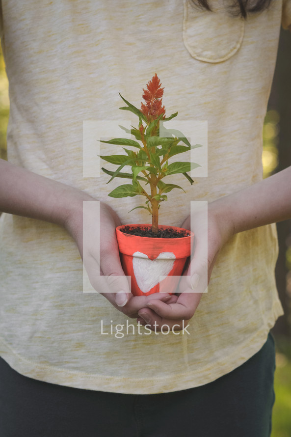 a girl holding a flower pot 