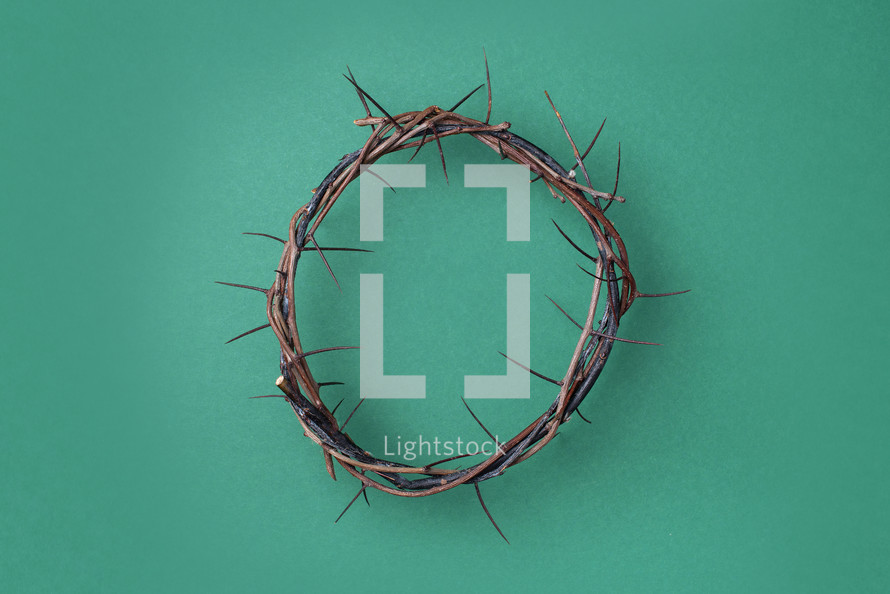 Crown of thorns on green background. Top view. Copy space. Christian Easter concept. Crucifixion of Jesus Christ. He risen and alive. Jesus is the reason. 