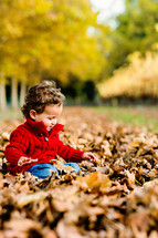 a toddler boy sitting in fall leaves 
