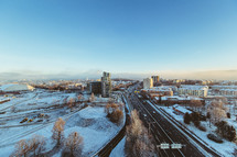 aerial view over a city highway in winter 