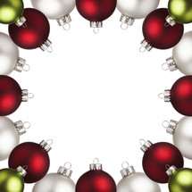 border of Christmas ornaments with copyspace in the middle. 