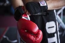 a boxer putting on boxing gloves 
