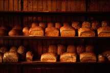 loaves of bread on shelves 