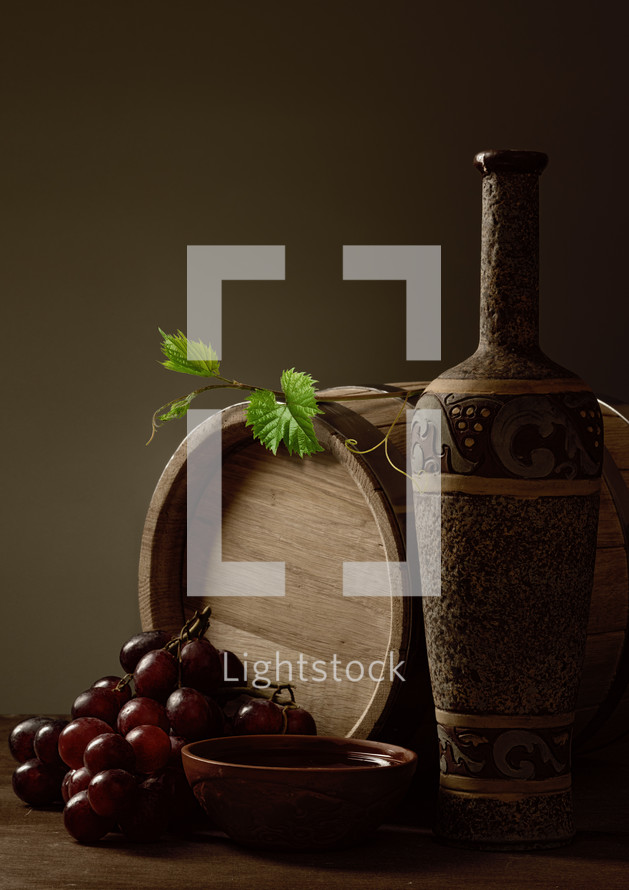 wine barrel, wine bottle, pottery, ancient, grapes, vines, vineyard