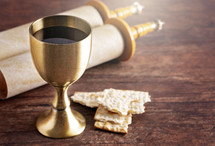 Holy Communion or the Lords Supper Prepared on a Dark Wood Table with an Antique Scroll