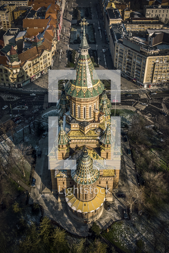aerial view over a church 