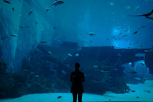 a woman standing in front of an aquarium 