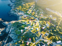aerial view over a coastal town 