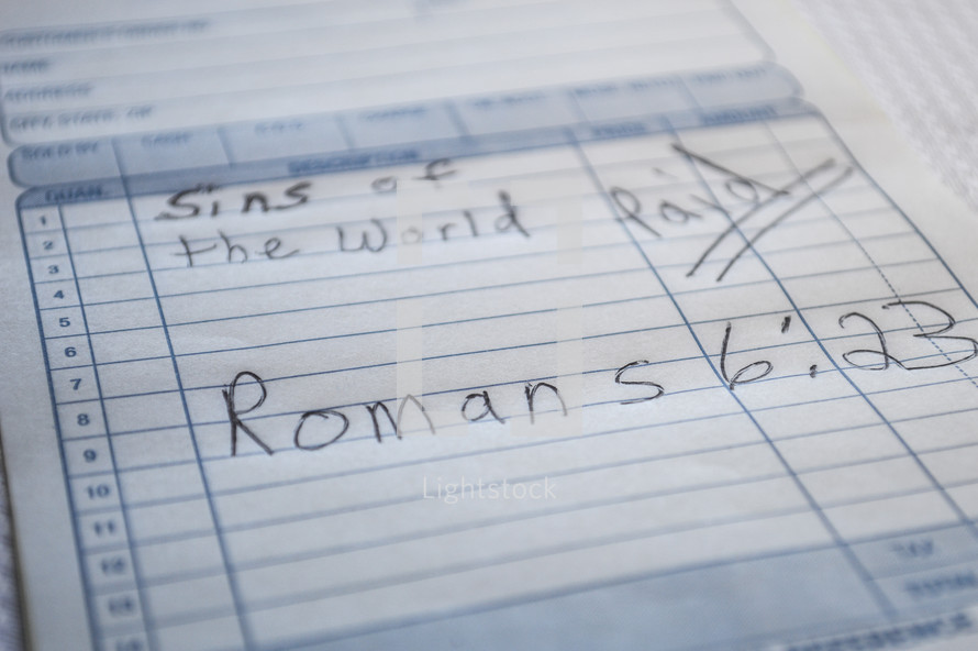 Sins of the world paid, Romans 6:23