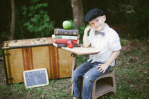 portrait of a boy child sitting in a desk with apples 