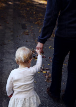 Child holding a parent's hand walking on a path with fall leaves.