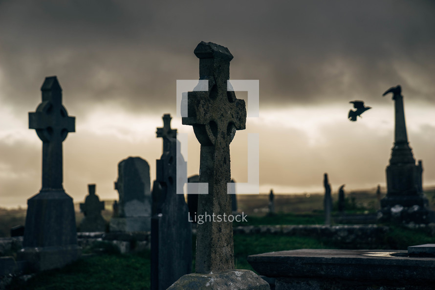 Old Cemetery in Ireland with Celtic Cross Gravestones and Birds flying