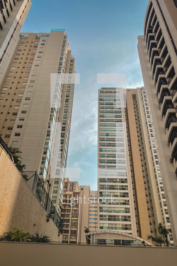 A view from under, looking at a view tall buildings, in Tatuape, Sao Paulo, Brazil.