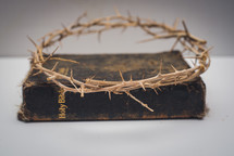 crown of thorns on an old Bible 