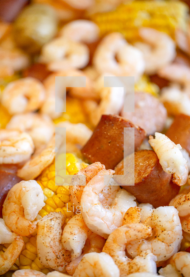Shrimp Bake with Sausage Corn on the Cob and Potatoes Baked Together with Southern Cajun Seasonings