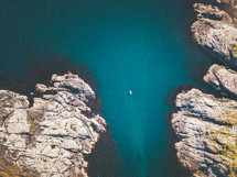 aerial view over a boat on water 