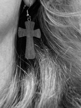 cross as earring, 
cross, wood, earring, ear,  jewelry, monochrome, black, white, hair, head, 