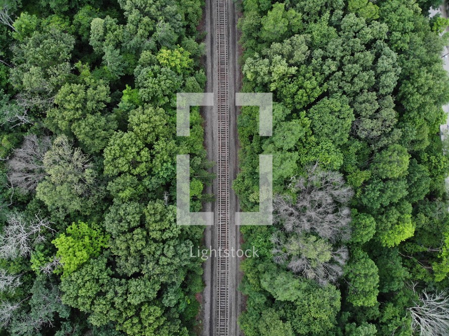 aerial view over train tracks through a forest 