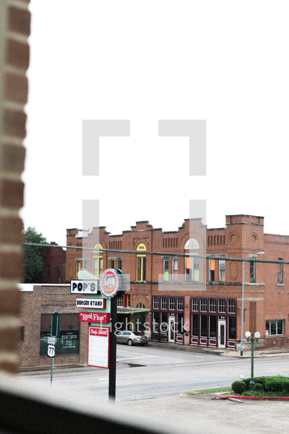 brick buildings and burger restaurant downtown 