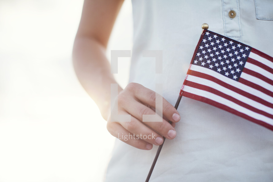 Child's hand holding an American flag.
