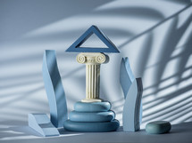 Blue background with columns and abstract shapes