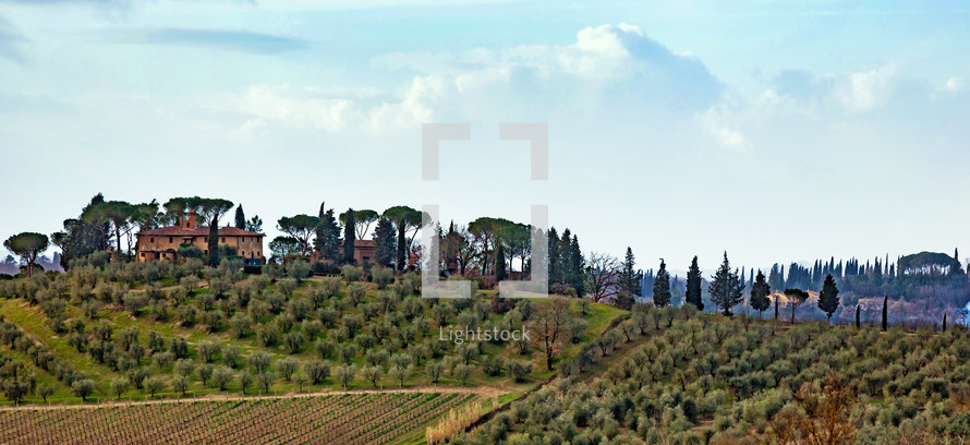 Tuscan landscape with cypress, trees and ancient buildings.
