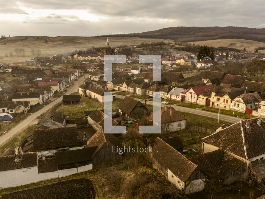 aerial view of a small European town 
