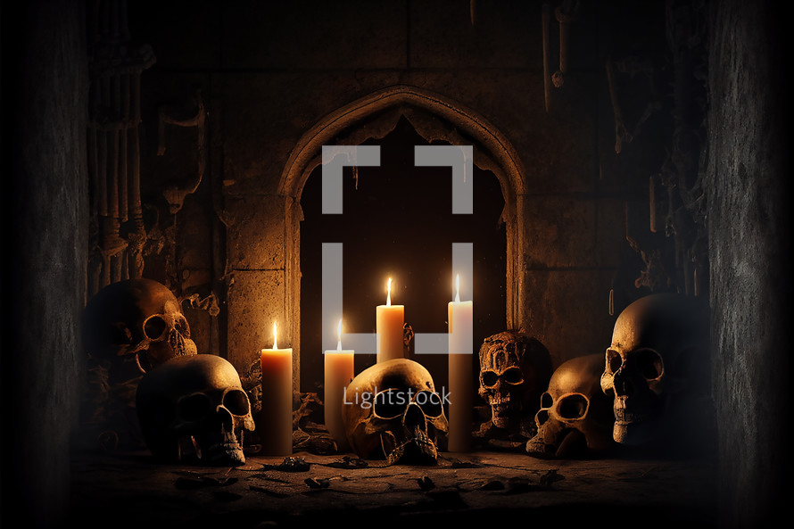 Catacombs Background with skulls and candles