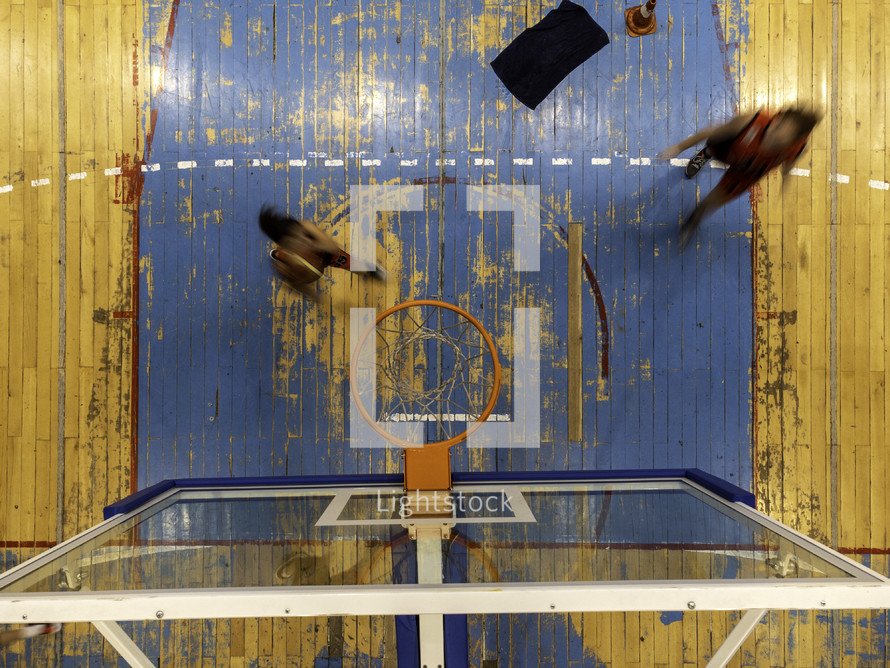 overhead view of a basketball game 