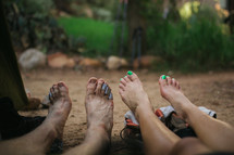 hikers resting barefoot 