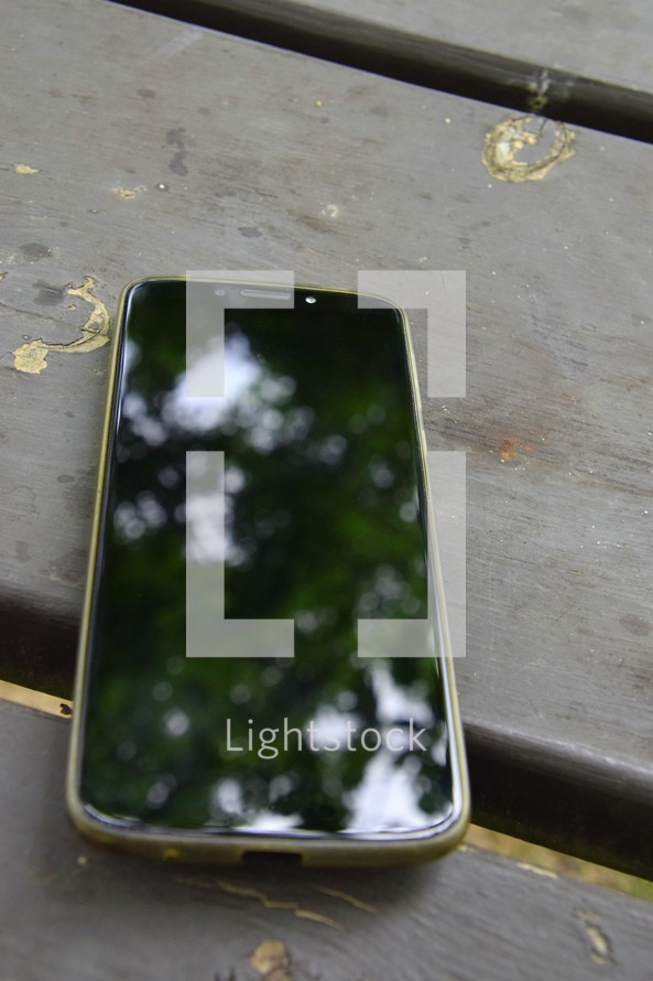 Intentionally out of focus reflection of tree branches on a smartphone screen