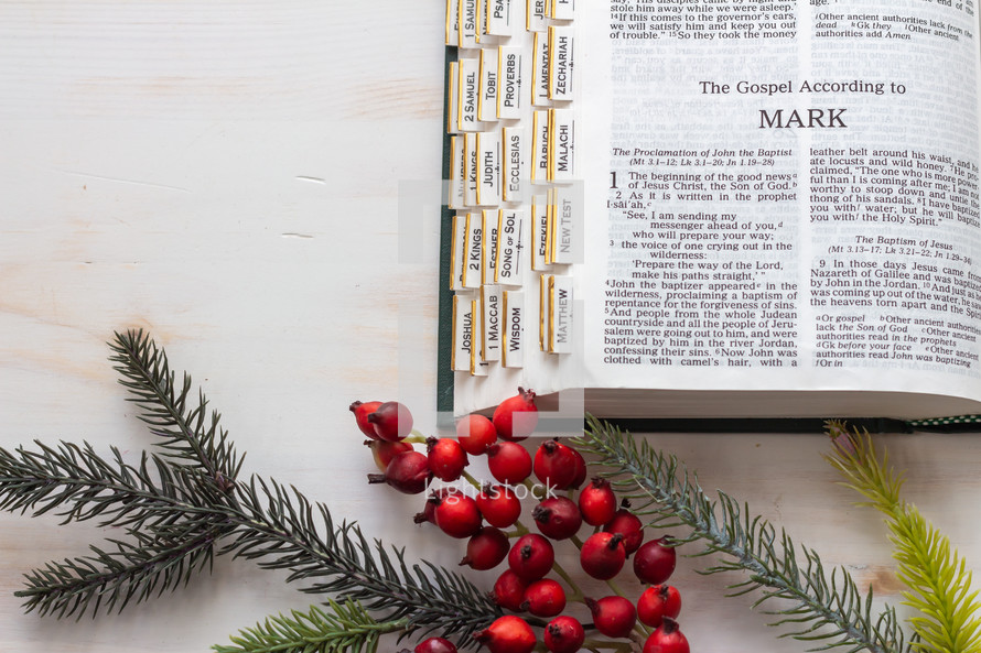 Catholic Bible opened to the Gospel of Mark at Christmas 