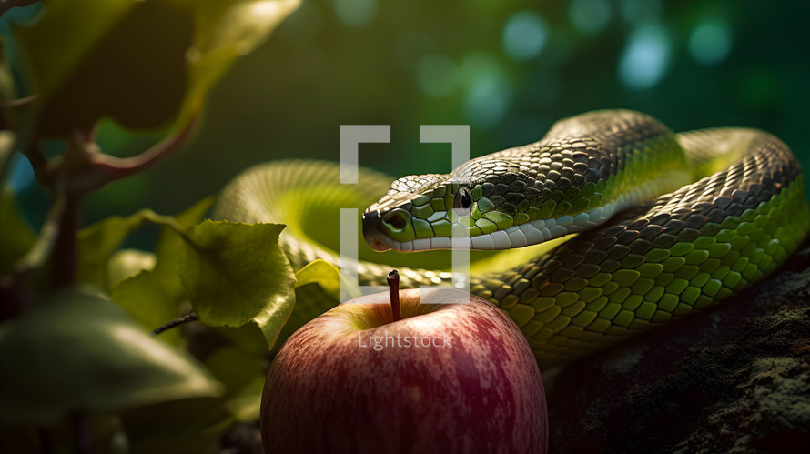 A green snake in an apple tree.