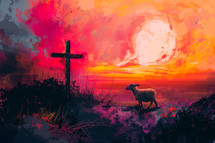 A stylized painting of a lamb approaching a silhouetted cross with a red sky at sunset